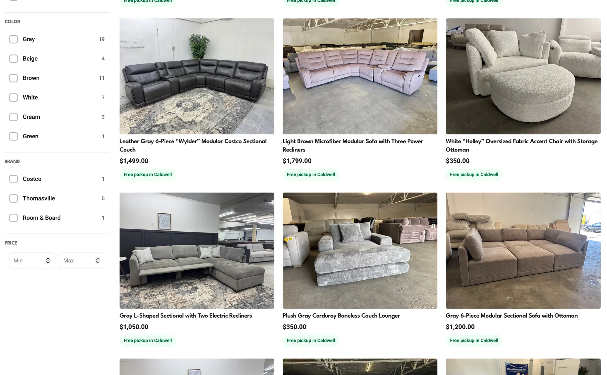 Couchy catalogue on desktop: a filter rail with colour counts (Gray 19, Brown 11, White 7), brand and price filters, beside a grid of second-hand sectionals and chairs, each priced and tagged “Free pickup in Caldwell”.