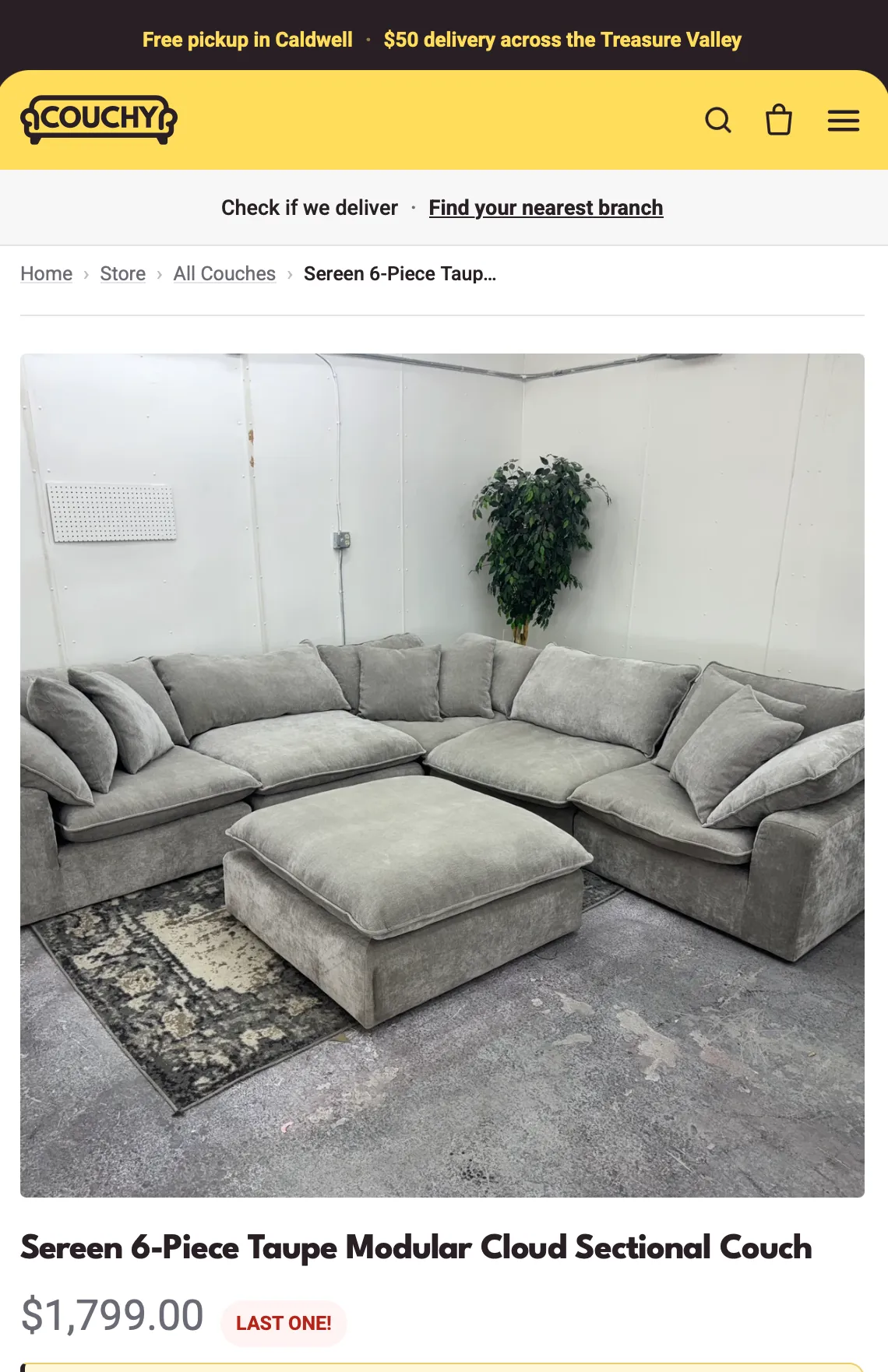 Couchy product page on a phone: a breadcrumb trail Home › Store › All Couches above a photo of a taupe six-piece modular cloud sectional in the warehouse, priced $1,799 with a “Last one!” badge.