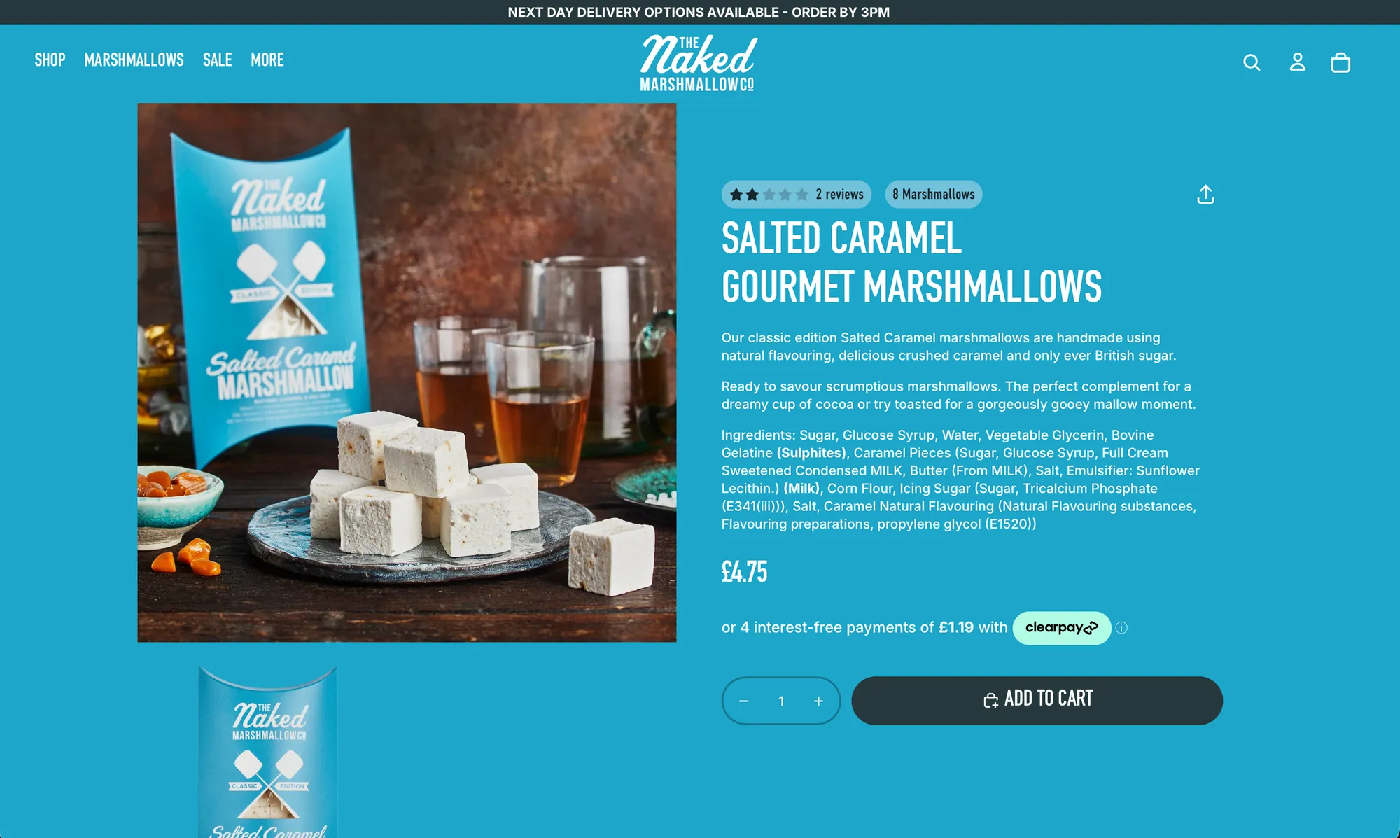 Salted Caramel Gourmet Marshmallows product page on desktop, entirely in sky blue to match the pack: photography of the blue pillow pack beside marshmallow cubes, star rating and an 8 Marshmallows pill, the description, a full ingredient list with allergens in bold, the £4.75 price, Clearpay instalments and an Add to cart button.