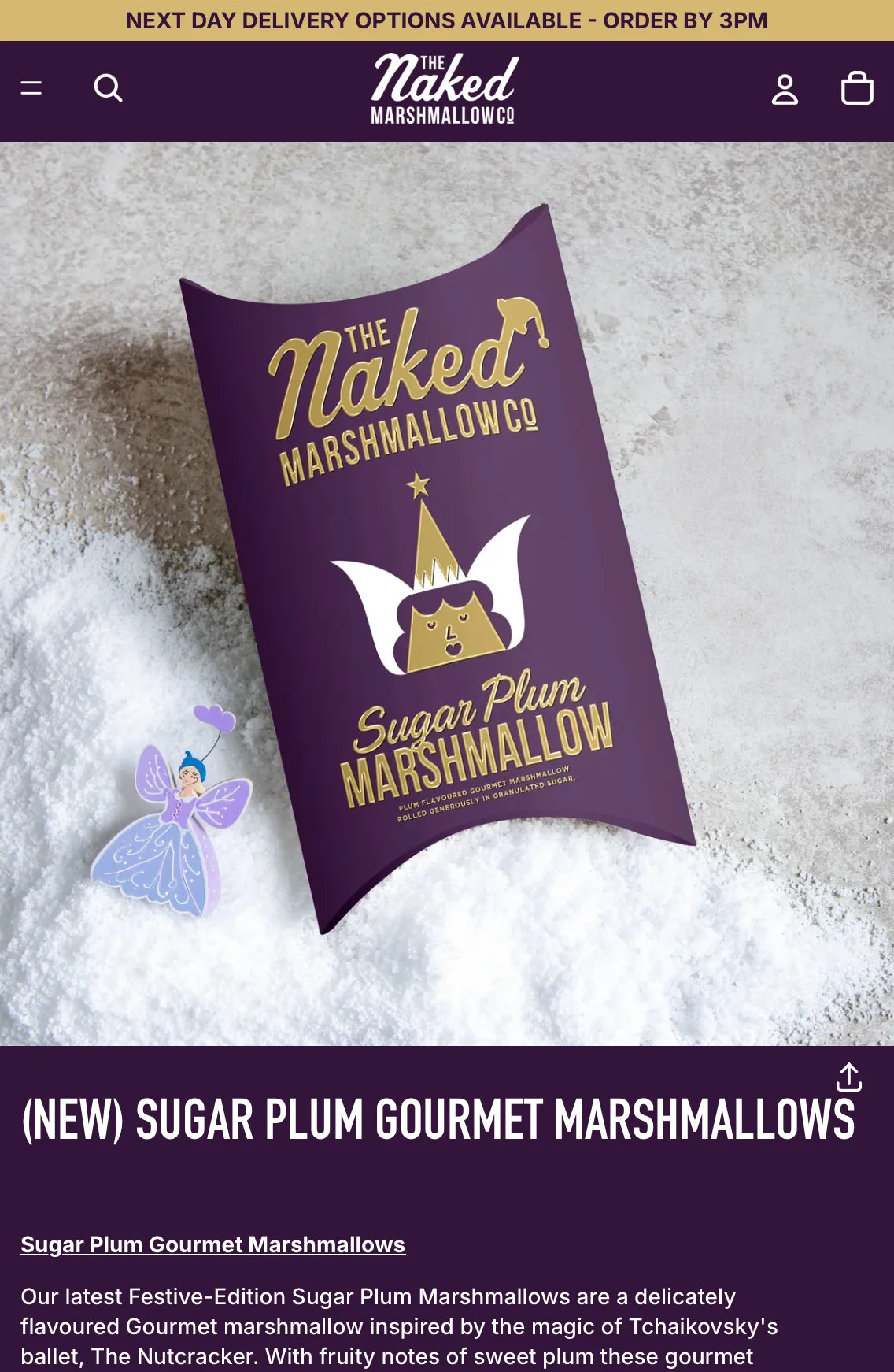 Sugar Plum Gourmet Marshmallows product page on a phone, themed in deep plum with a gold announcement bar: a purple and gold Festive Edition pillow pack on granulated sugar beside a Sugar Plum Fairy figure, under the heading (New) Sugar Plum Gourmet Marshmallows.